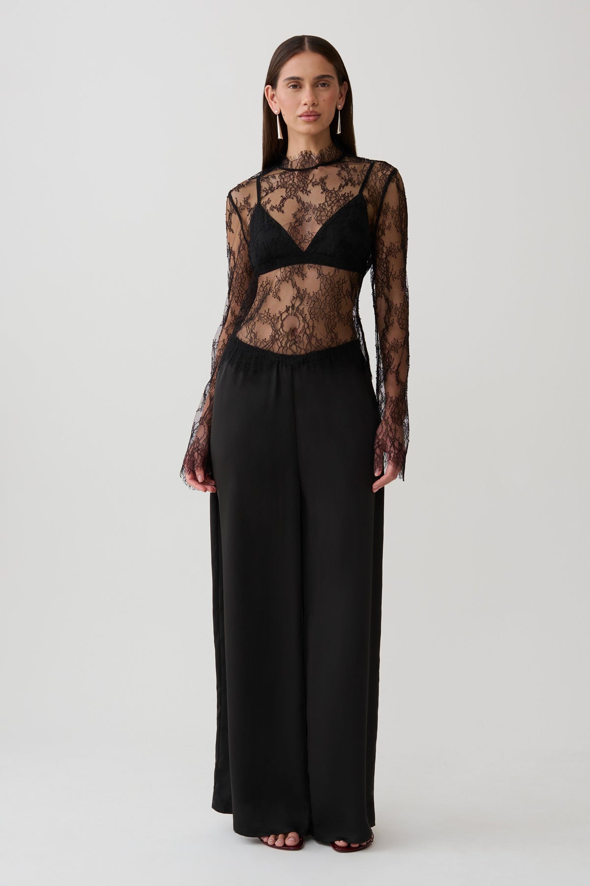 Alizette High Neck Long Sleeve Lace Top - Black #6