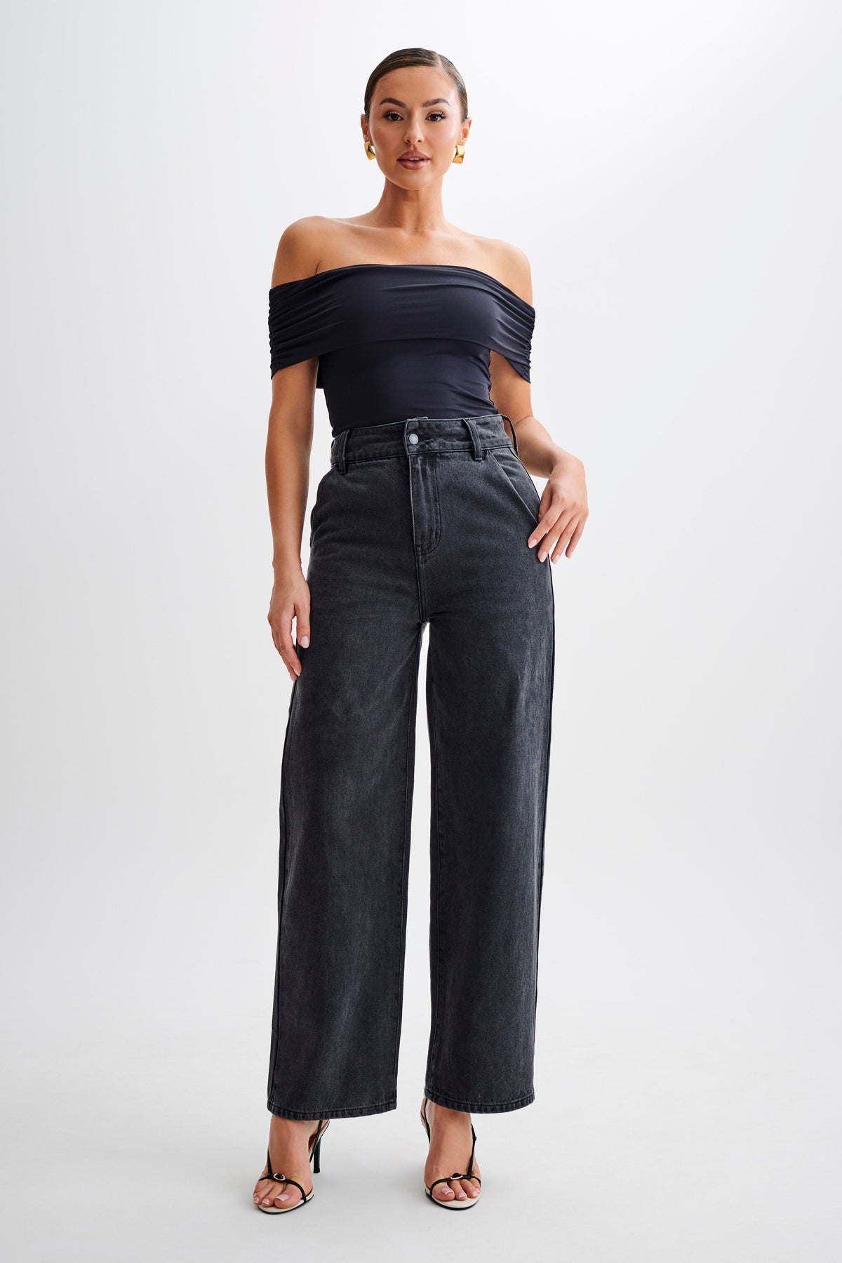 Roxy Wide Leg High Waist Denim Jeans - Washed Black #7