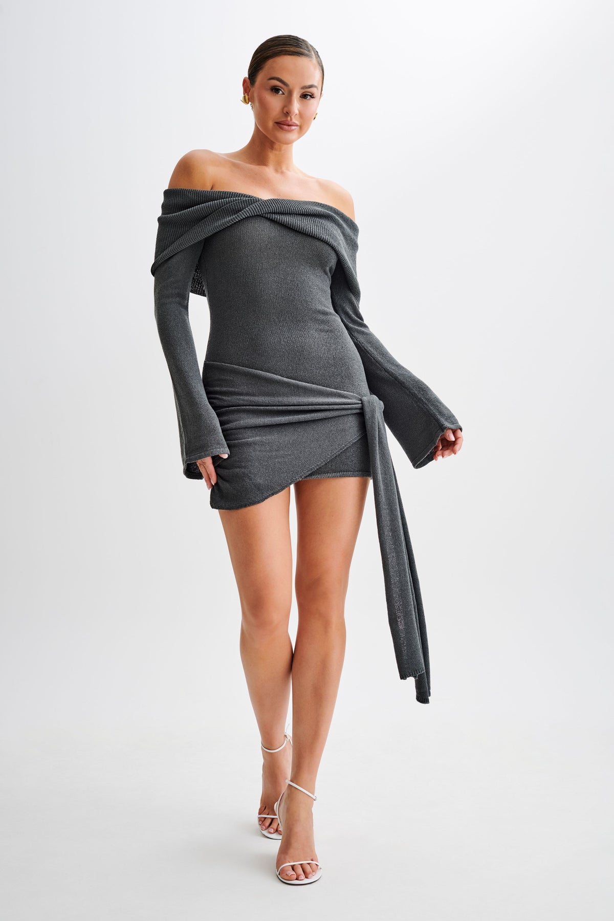 Camryn Off Shoulder Tie Knit Mini Dress - Charcoal #5