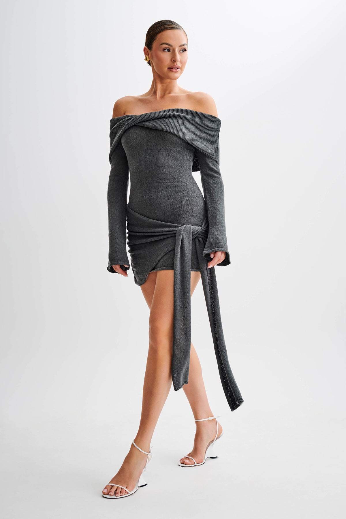 Camryn Off Shoulder Tie Knit Mini Dress - Charcoal #4