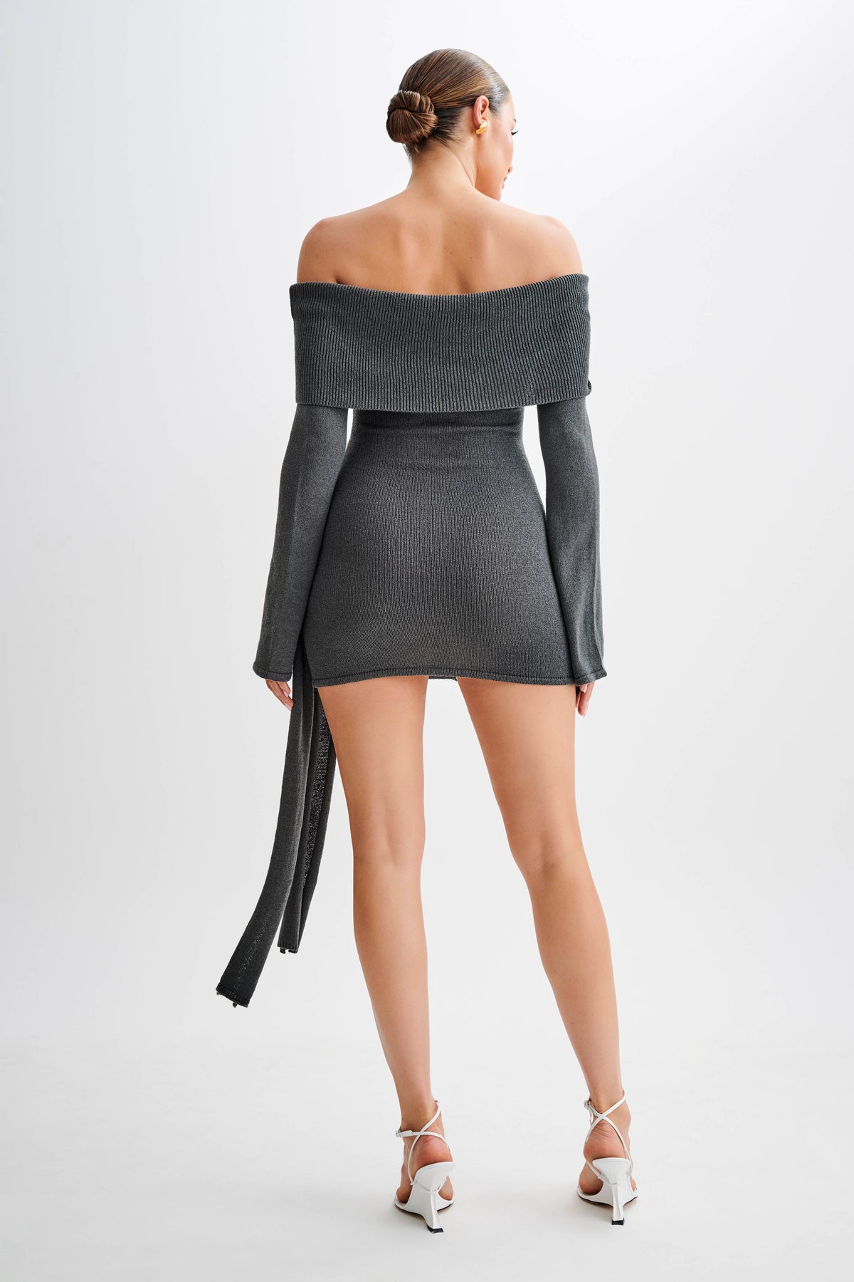 Camryn Off Shoulder Tie Knit Mini Dress - Charcoal #2