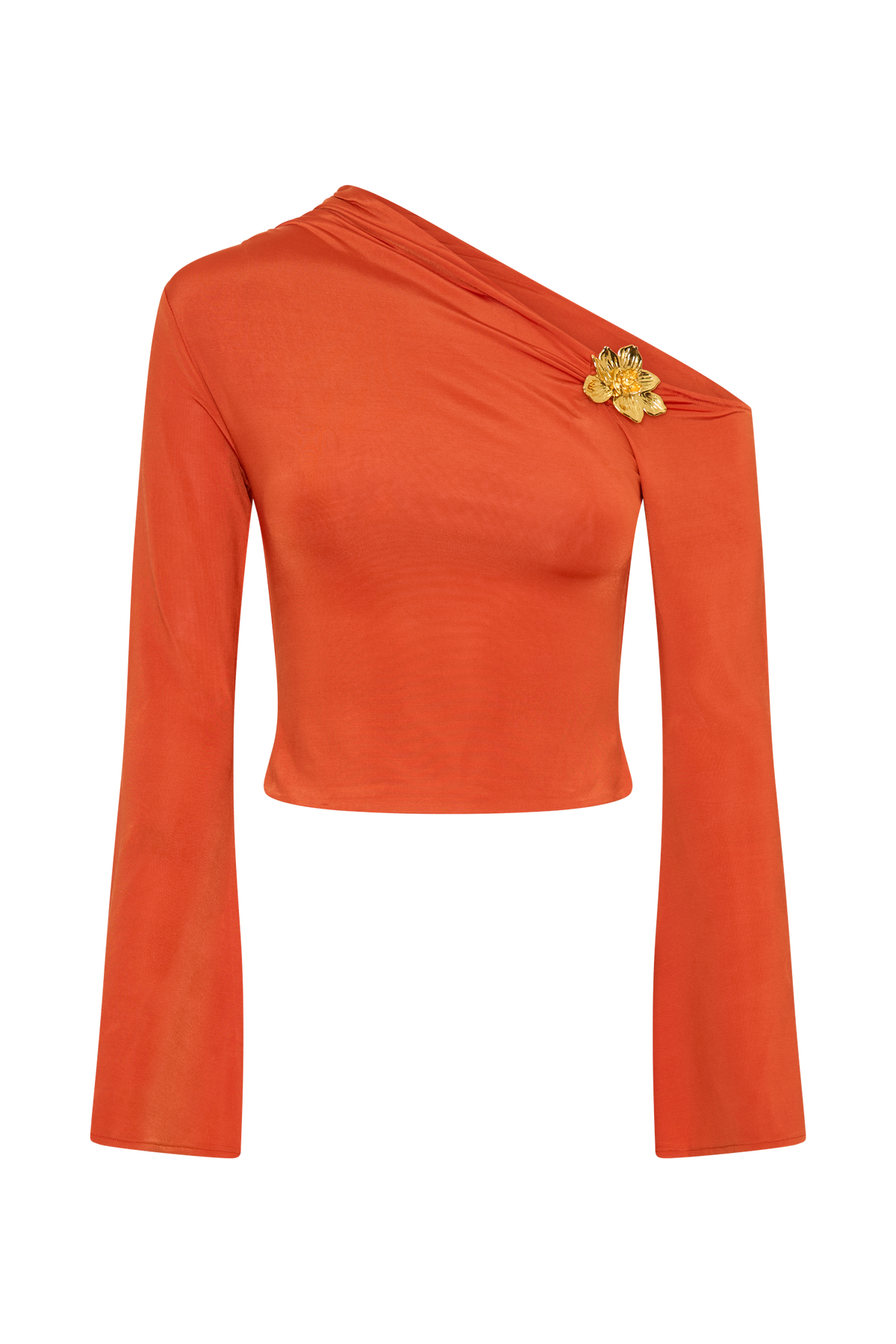 Ainsley Asymmetrical Long Sleeve Top With Floral Hardware - Burnt Orange #8
