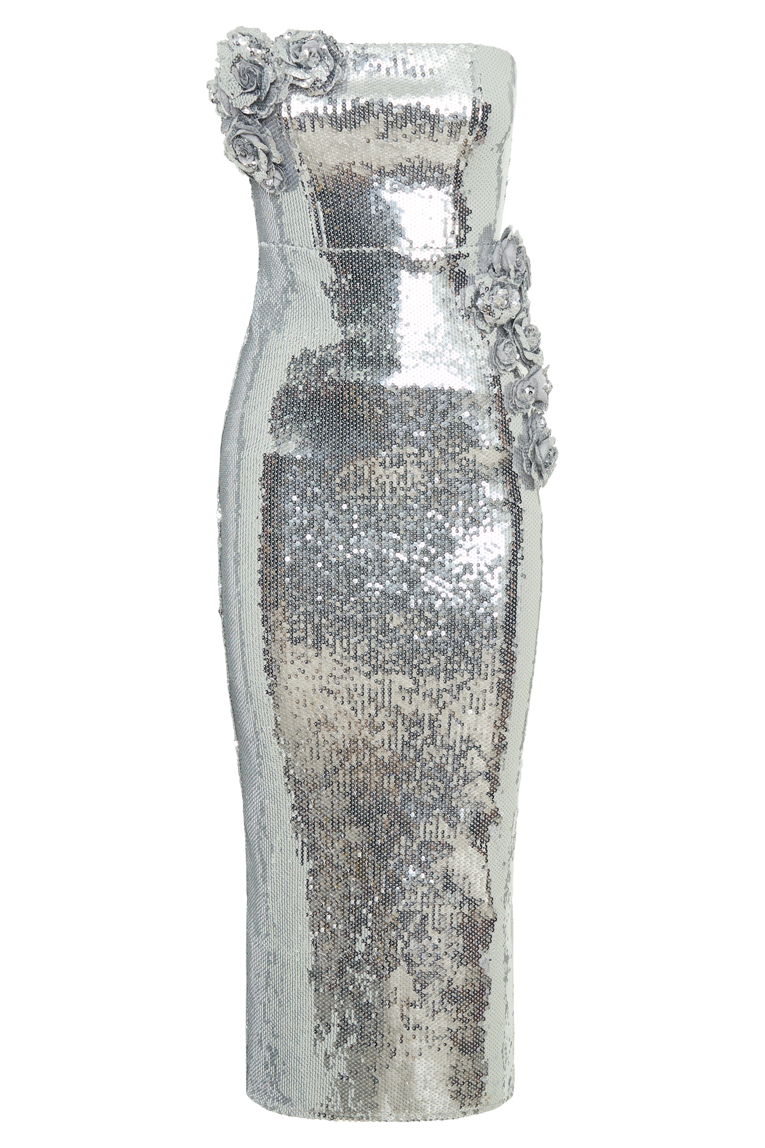 Cassia Strapless Sequin Rose Midi Dress - Silver #8