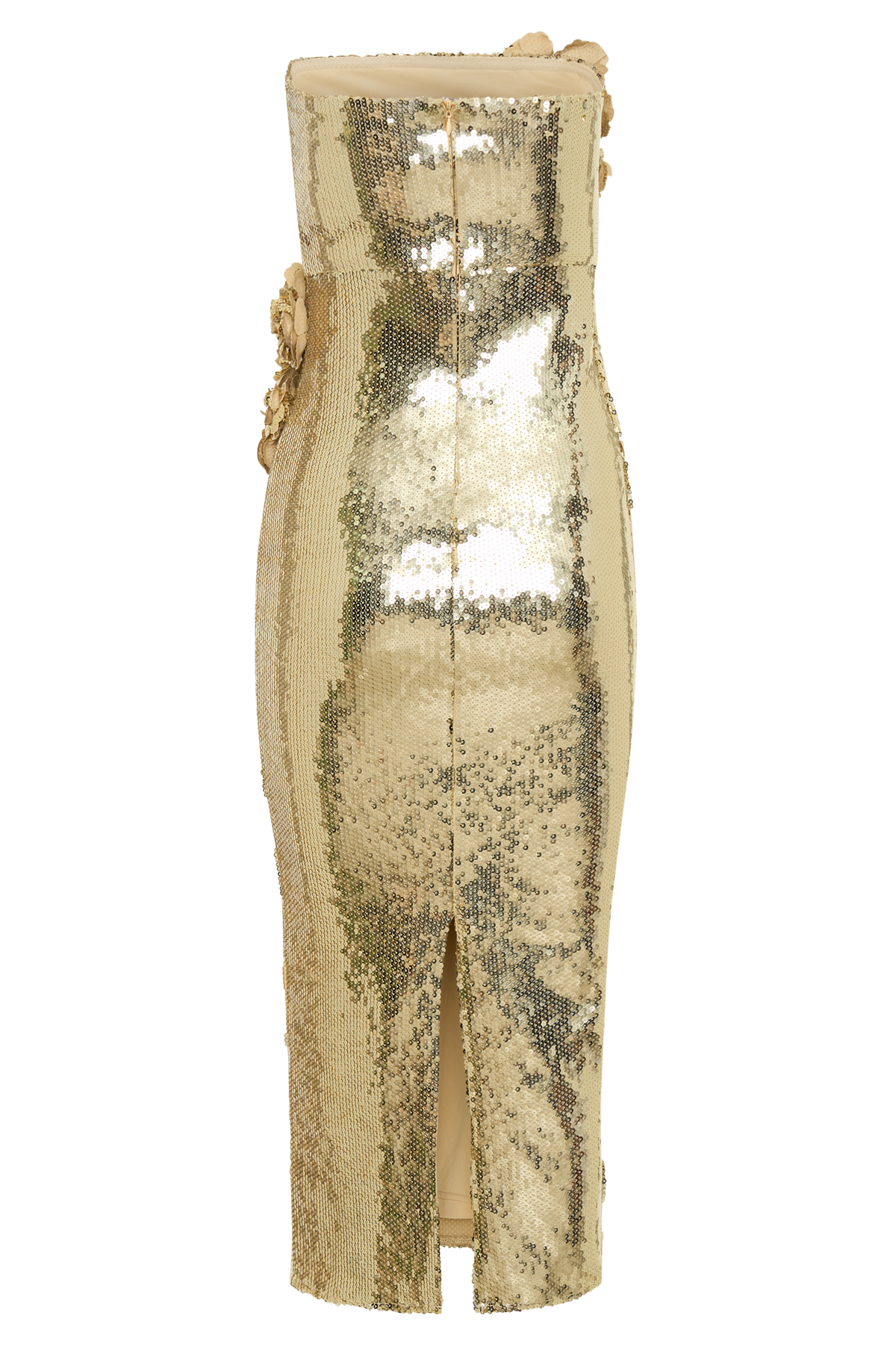 Cassia Strapless Sequin Rose Midi Dress - Gold
