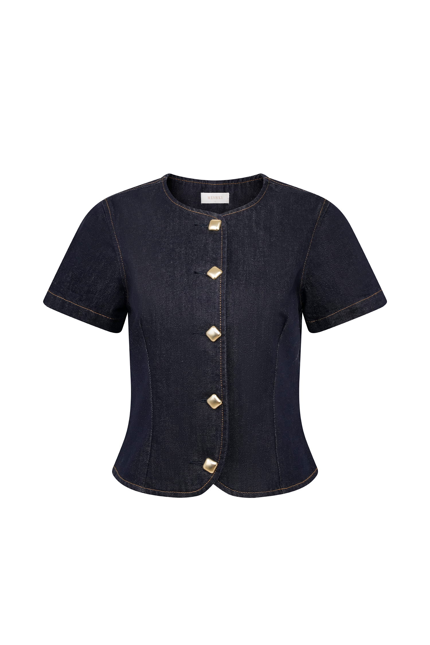 Bethany Short Sleeve Buttoned Denim Top - Washed Indigo Blue #10