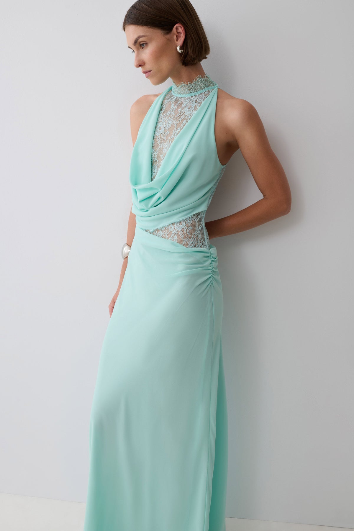 Arra Chiffon And Lace Halter Maxi Dress - Cyan Blue #6