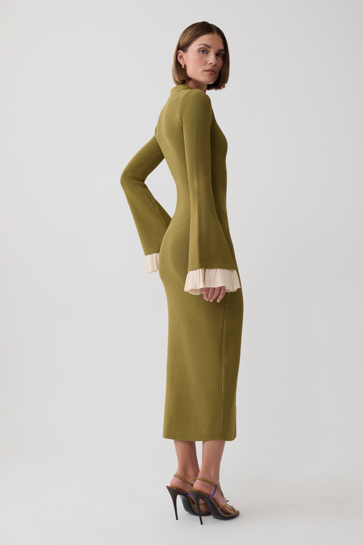 Amirose Ruffle Knit Midi Dress - Olive #4