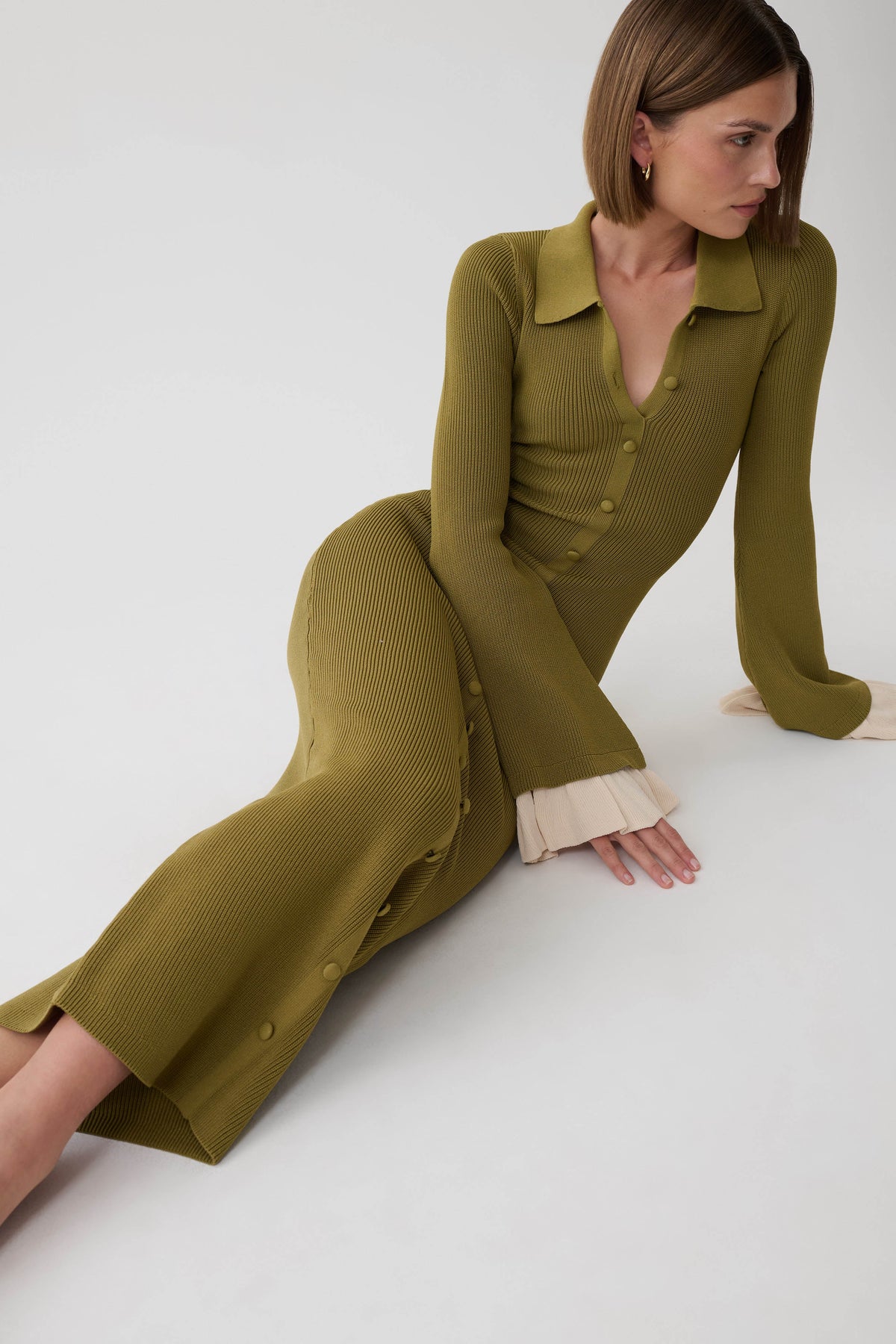 Amirose Ruffle Knit Midi Dress - Olive #3