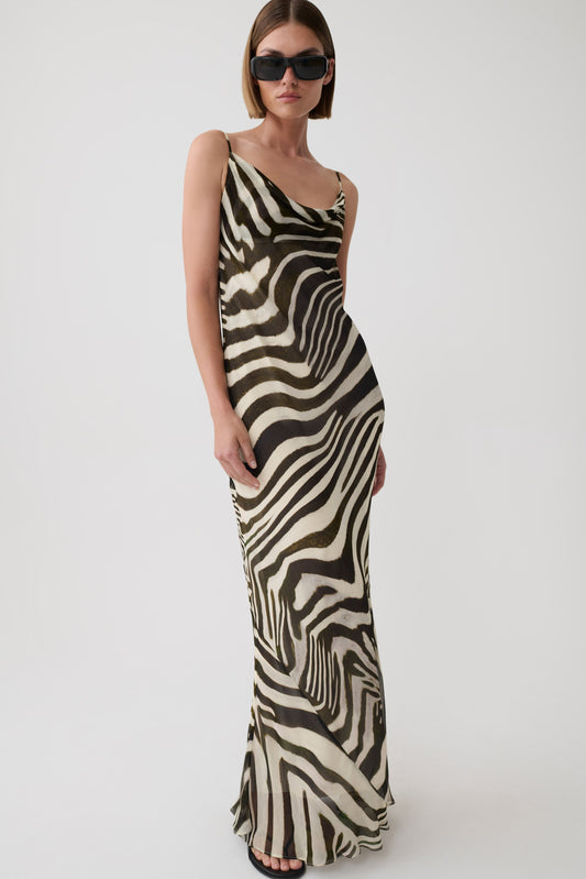 Zoe Cowl Front Printed Maxi Dress - Zebra Print