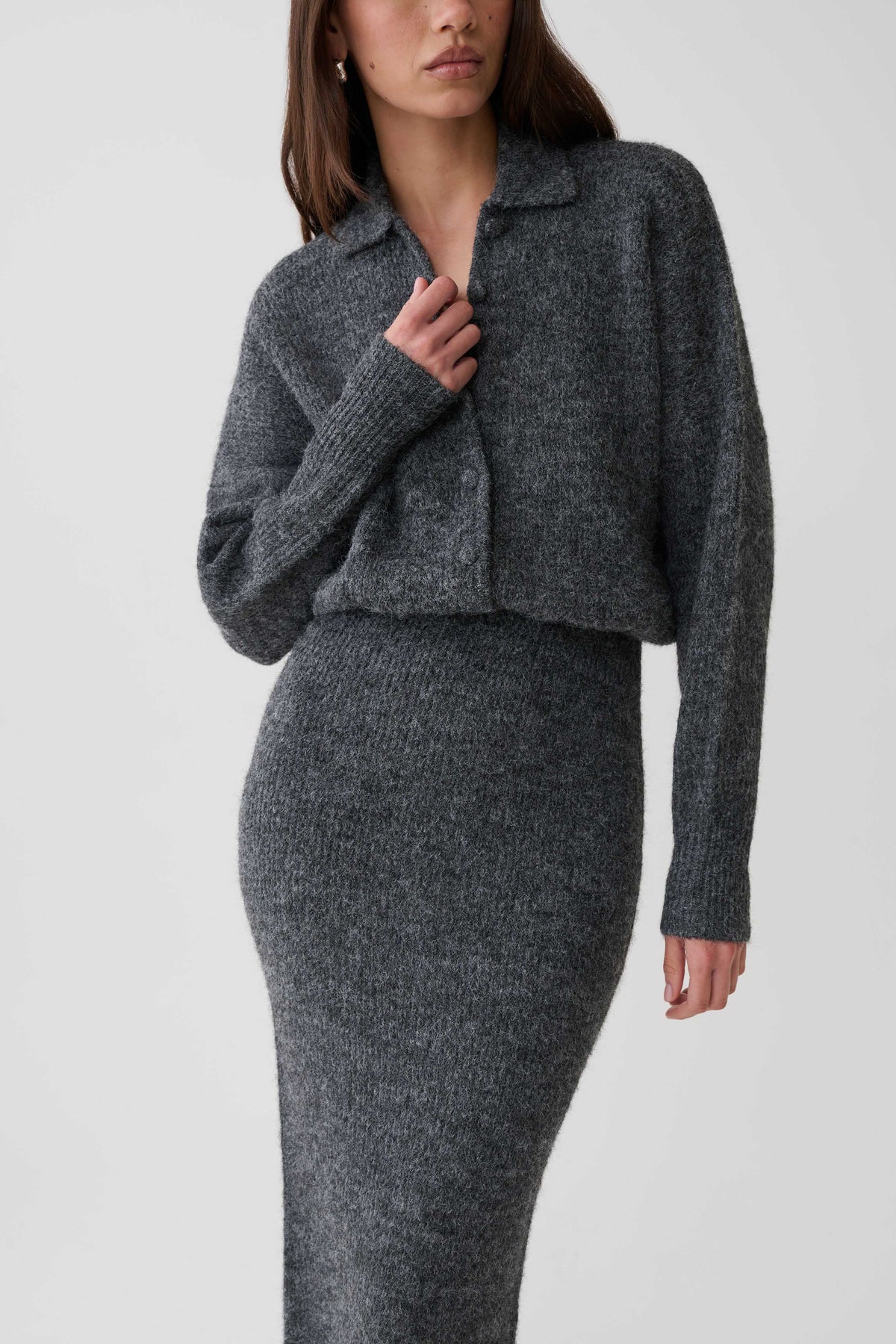 Simoney Long Sleeve Midi Knit Dress - Charcoal #3