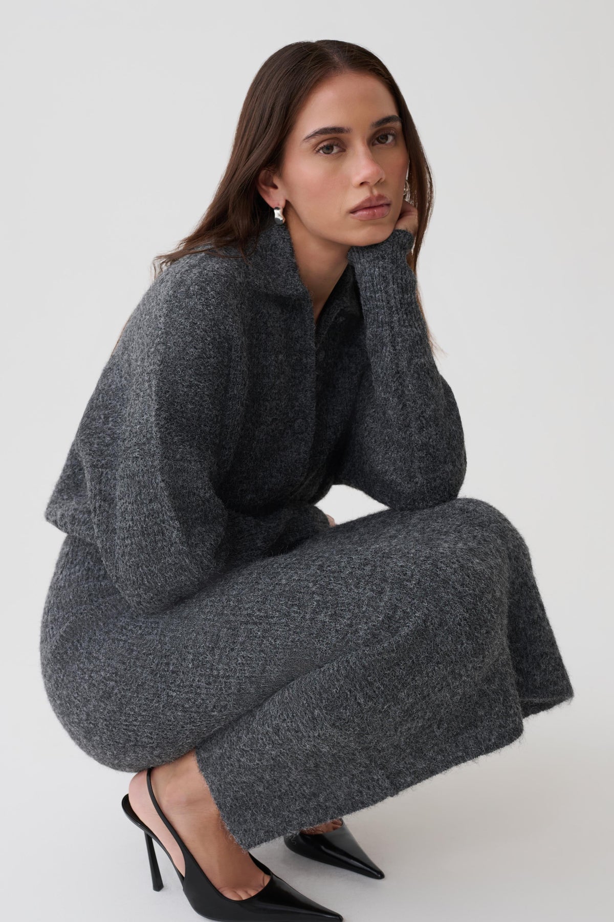 Simoney Long Sleeve Midi Knit Dress - Charcoal
