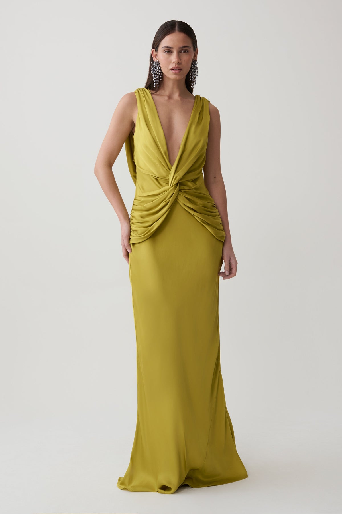 Fantina V Neck Satin Maxi Dress - Chartreuse