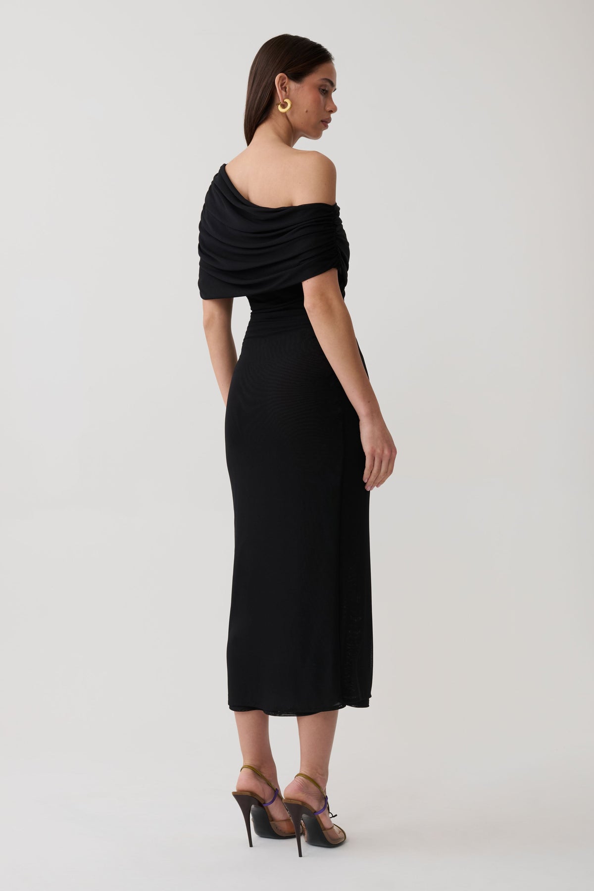 Adalina Fluid Loose Neck Jersey Mesh Midi Dress - Black