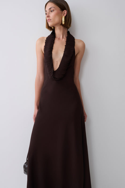 Floriane Chiffon Halter Maxi Dress - Dark Chocolate