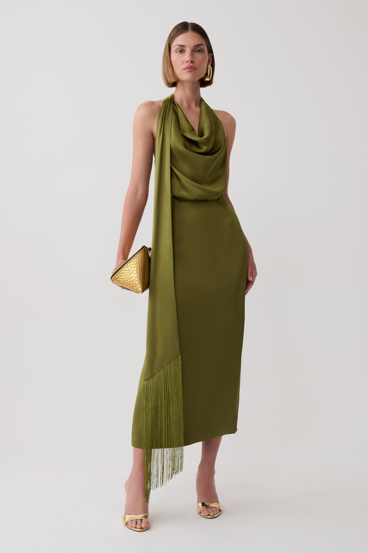 Keena Satin Midi Dress With Fringe Scarf - Olive #3
