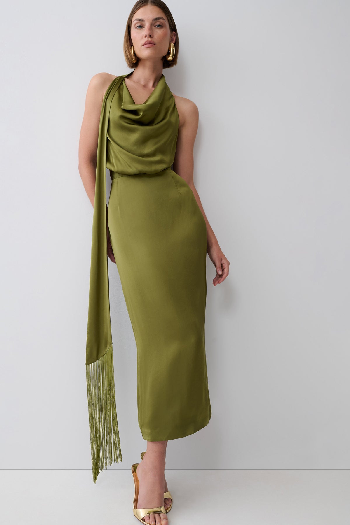 Keena Satin Midi Dress With Fringe Scarf - Olive #6