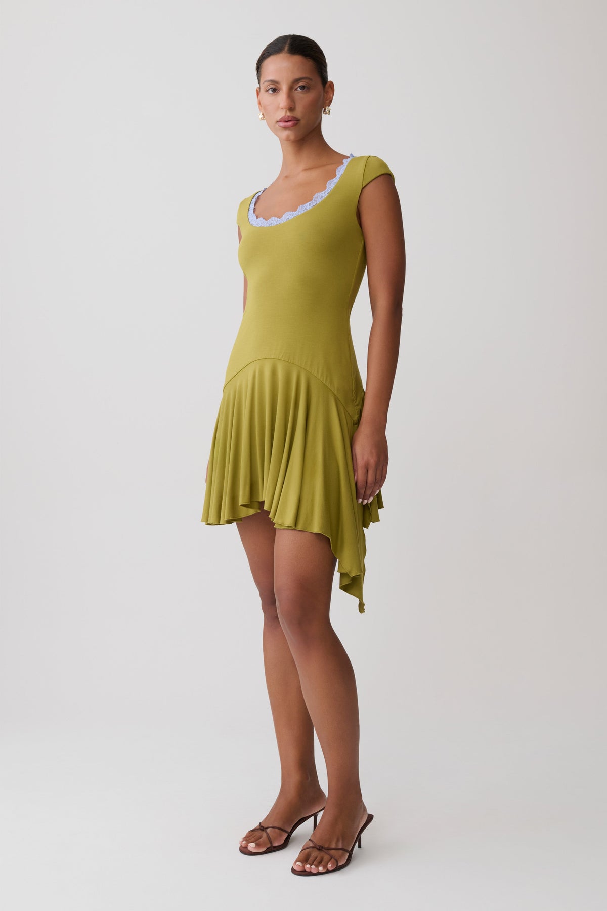 Gardenia Lace Trim Scoop Neck Mini Dress - Olive/Cornflower #4