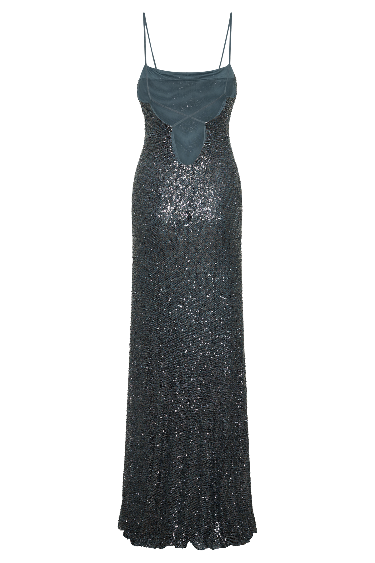 A woman modeling a floor-length, spaghetti-strap evening gown covered in dark gray sequins against a plain light gray studio background.