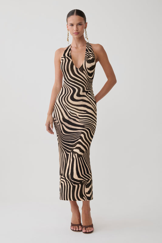 Darla Deep V Knit Midi Dress - Zebra Print