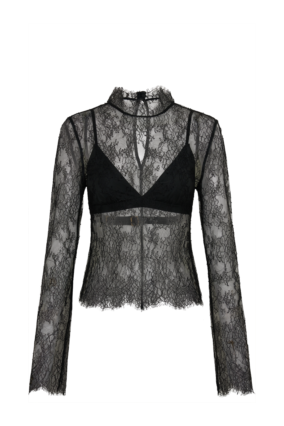 Alizette High Neck Long Sleeve Lace Top - Black