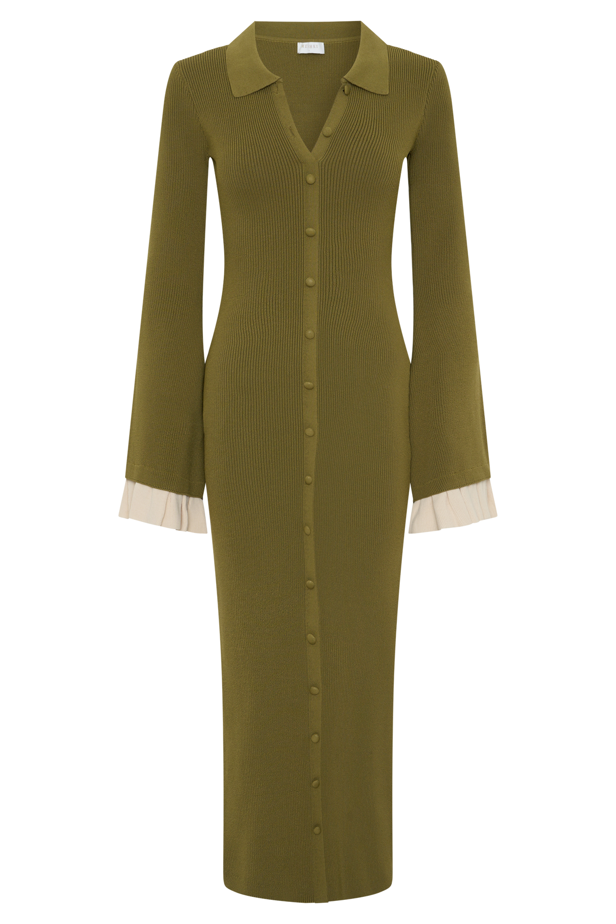 Amirose Ruffle Knit Midi Dress - Olive