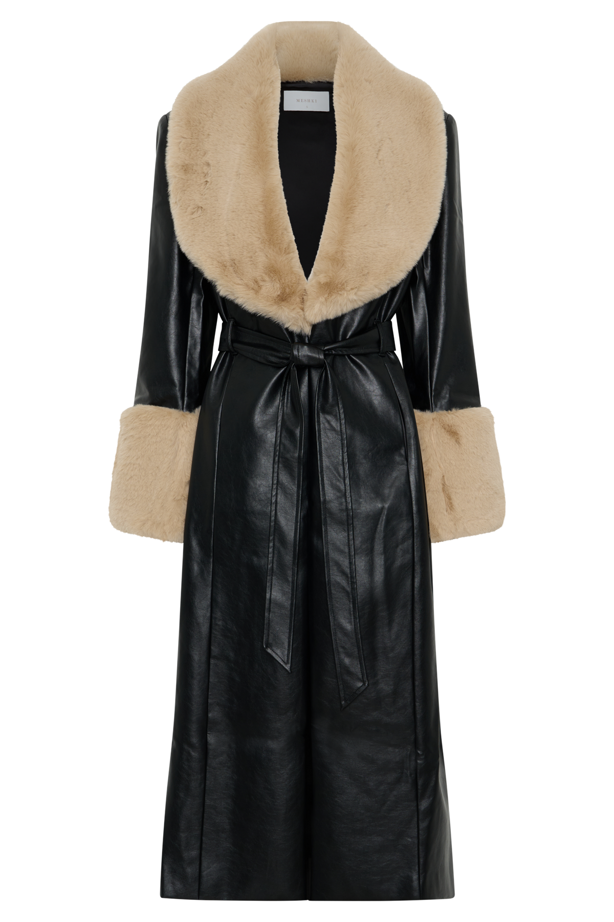 Bec Faux Leather Trench Coat With Faux Fur - Black/Beige #9