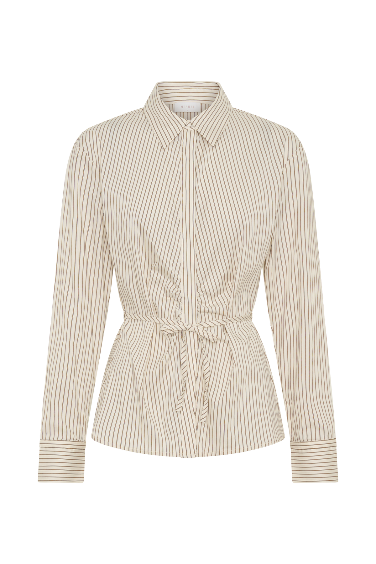 Millie Tie Back Cotton Shirt - Beige Pinstripe #11