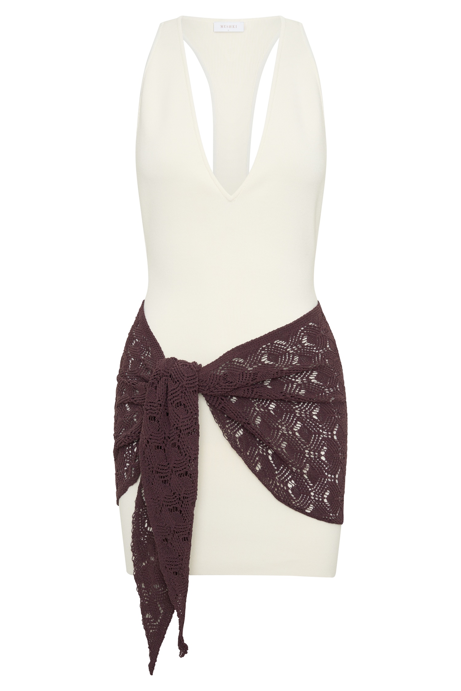 Mollie Mini Dress With Crochet Overlay - White/Chocolate #9