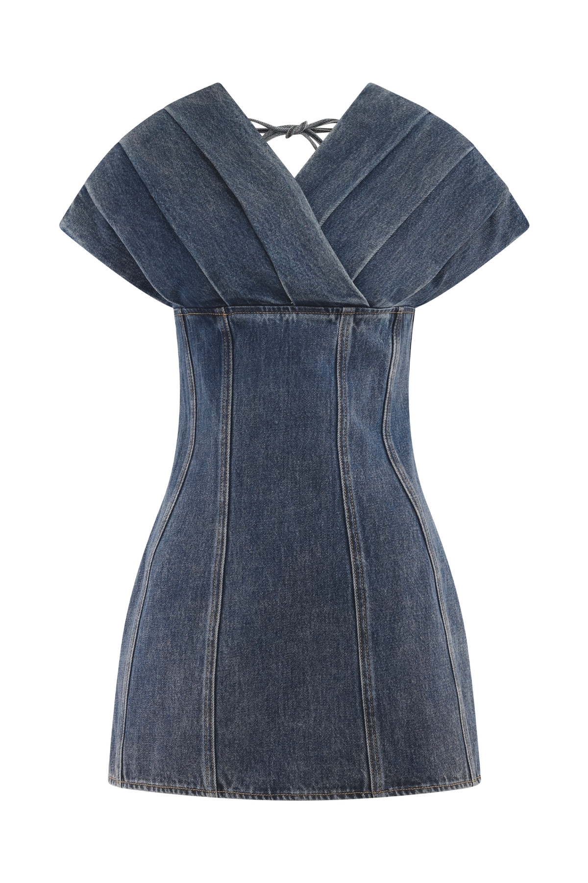 Pascale Off Shoulder Denim Mini Dress - Washed Dark Blue #11
