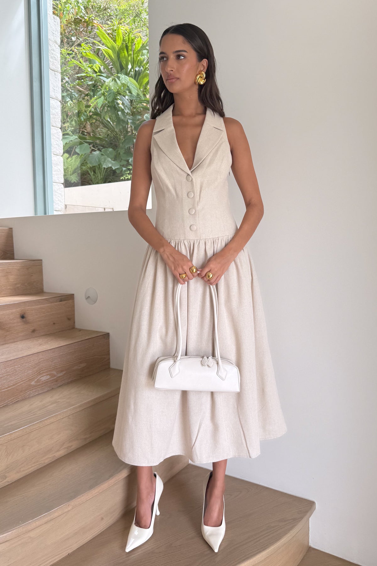 Valery Linen Midi Collar Dress - Natural #6