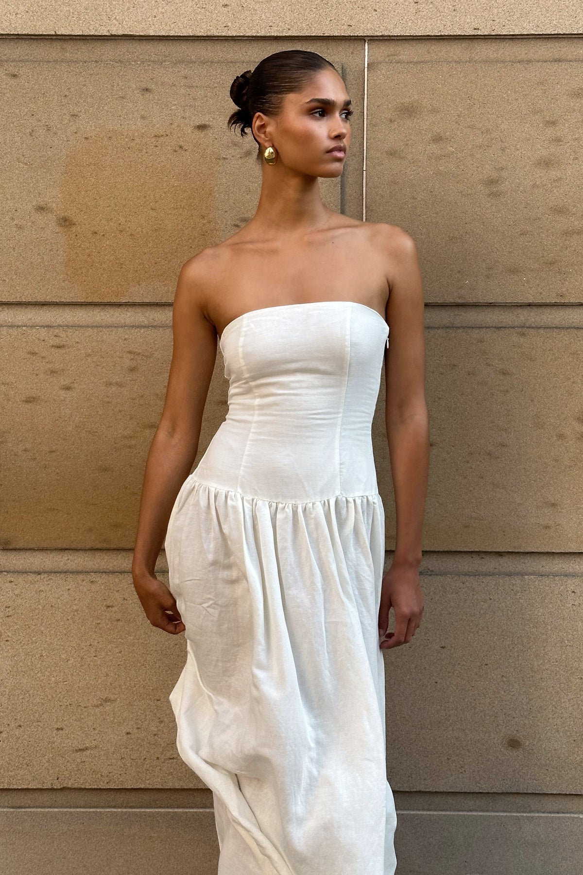 Audrina Strapless Linen Maxi Dress - White #3