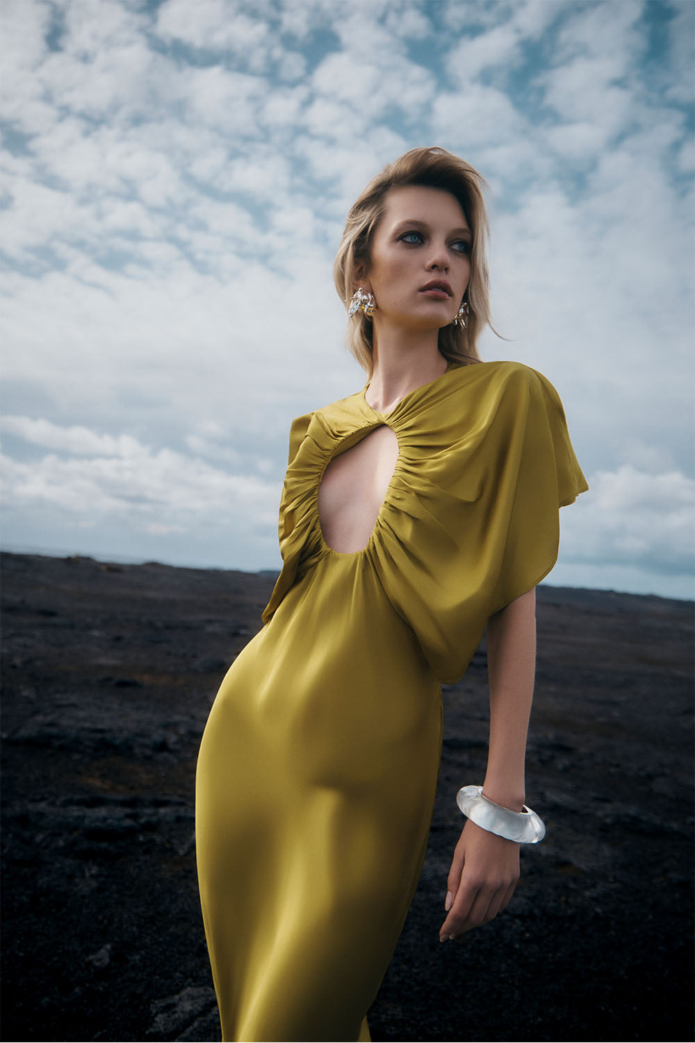 Mona Cut Out Satin Midi Dress - Chartreuse #2