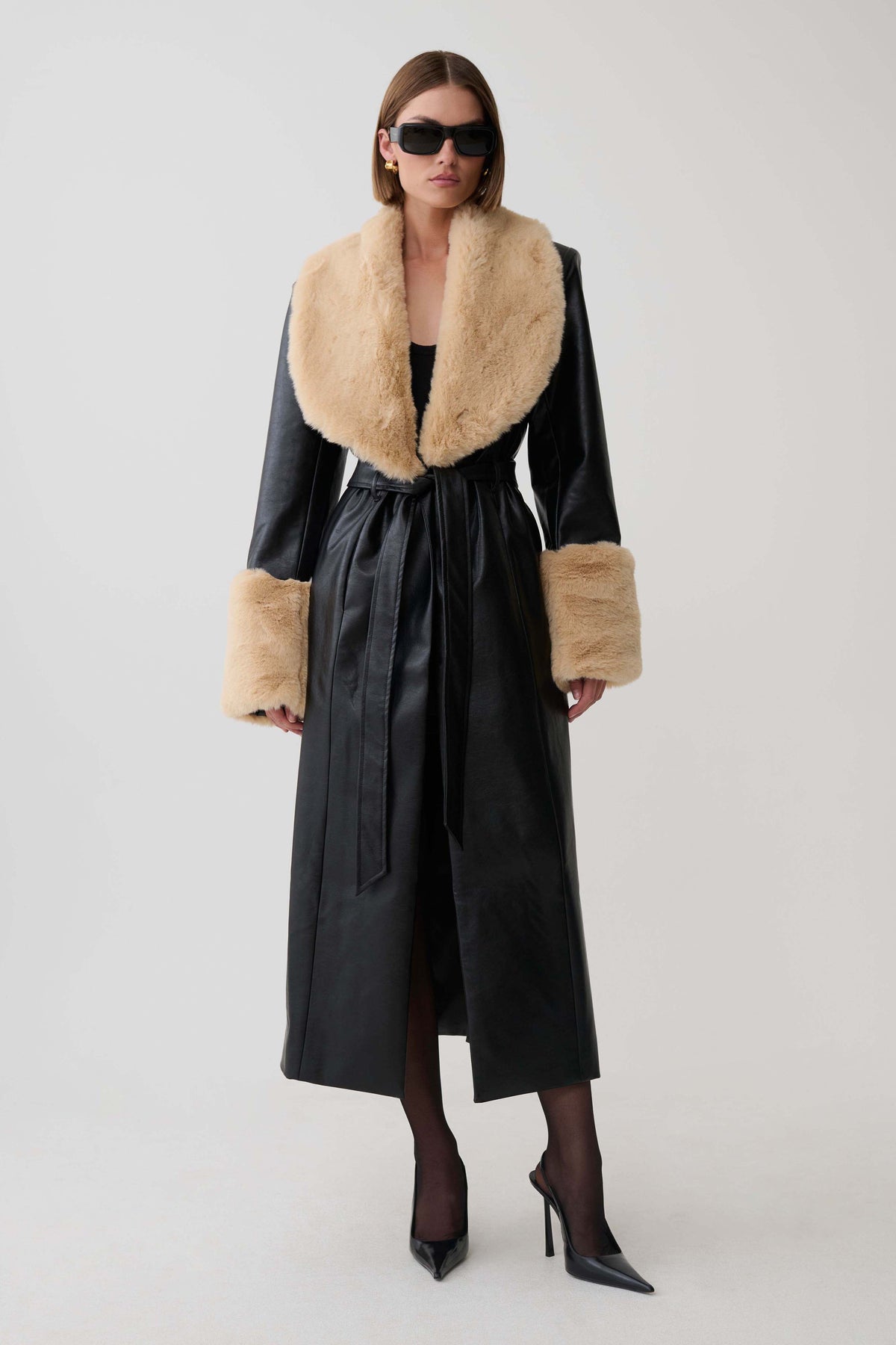 Bec Faux Leather Trench Coat With Faux Fur - Black/Beige #3