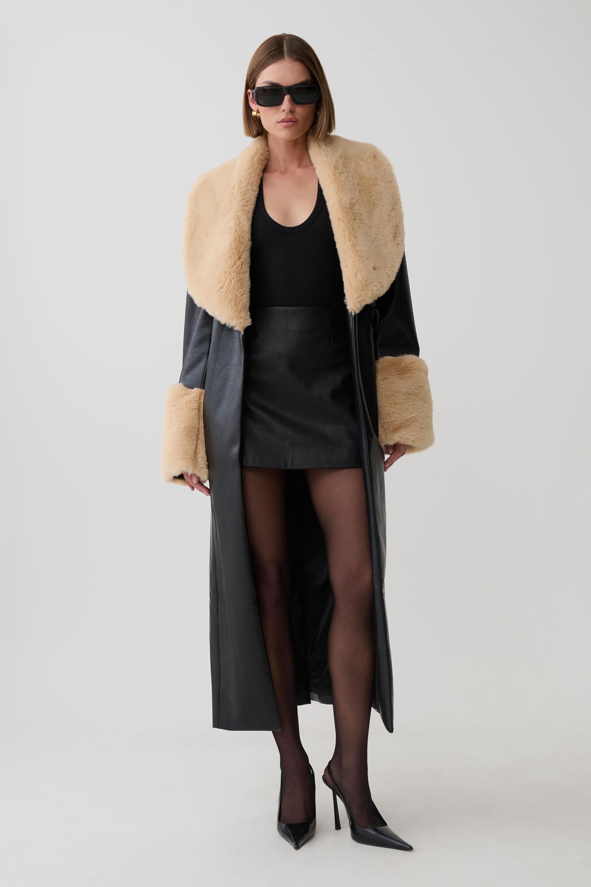 Bec Faux Leather Trench Coat With Faux Fur - Black/Beige #6