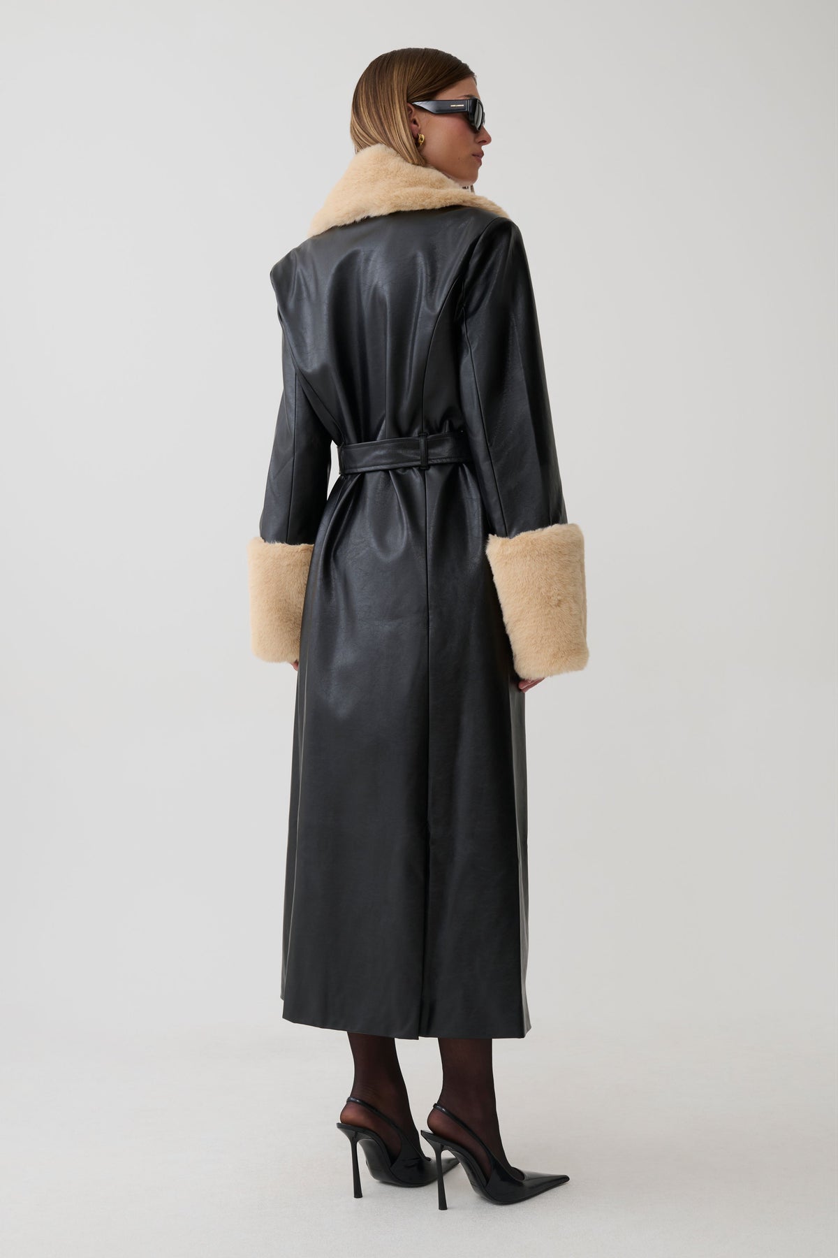 Bec Faux Leather Trench Coat With Faux Fur - Black/Beige