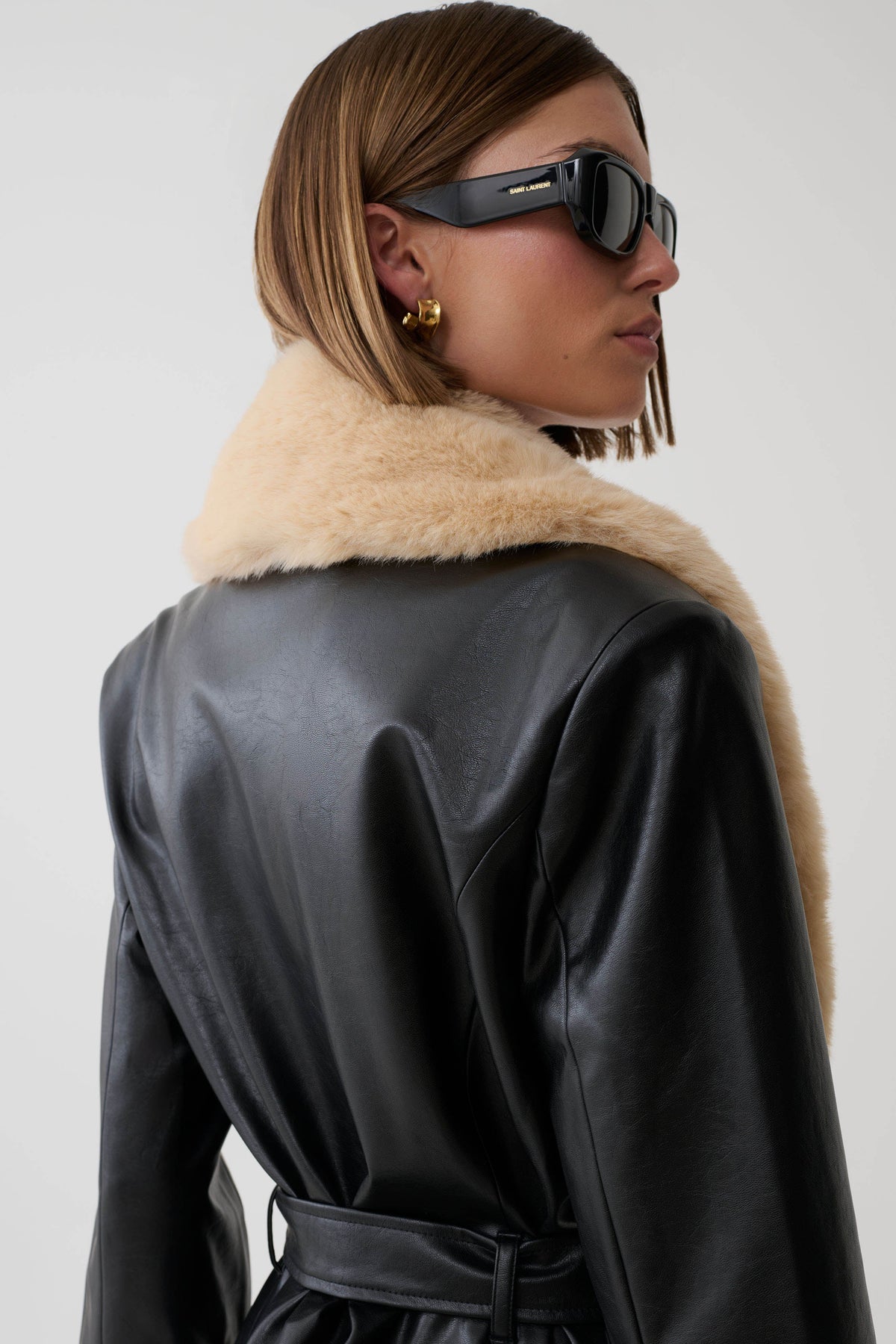 Bec Faux Leather Trench Coat With Faux Fur - Black/Beige #4