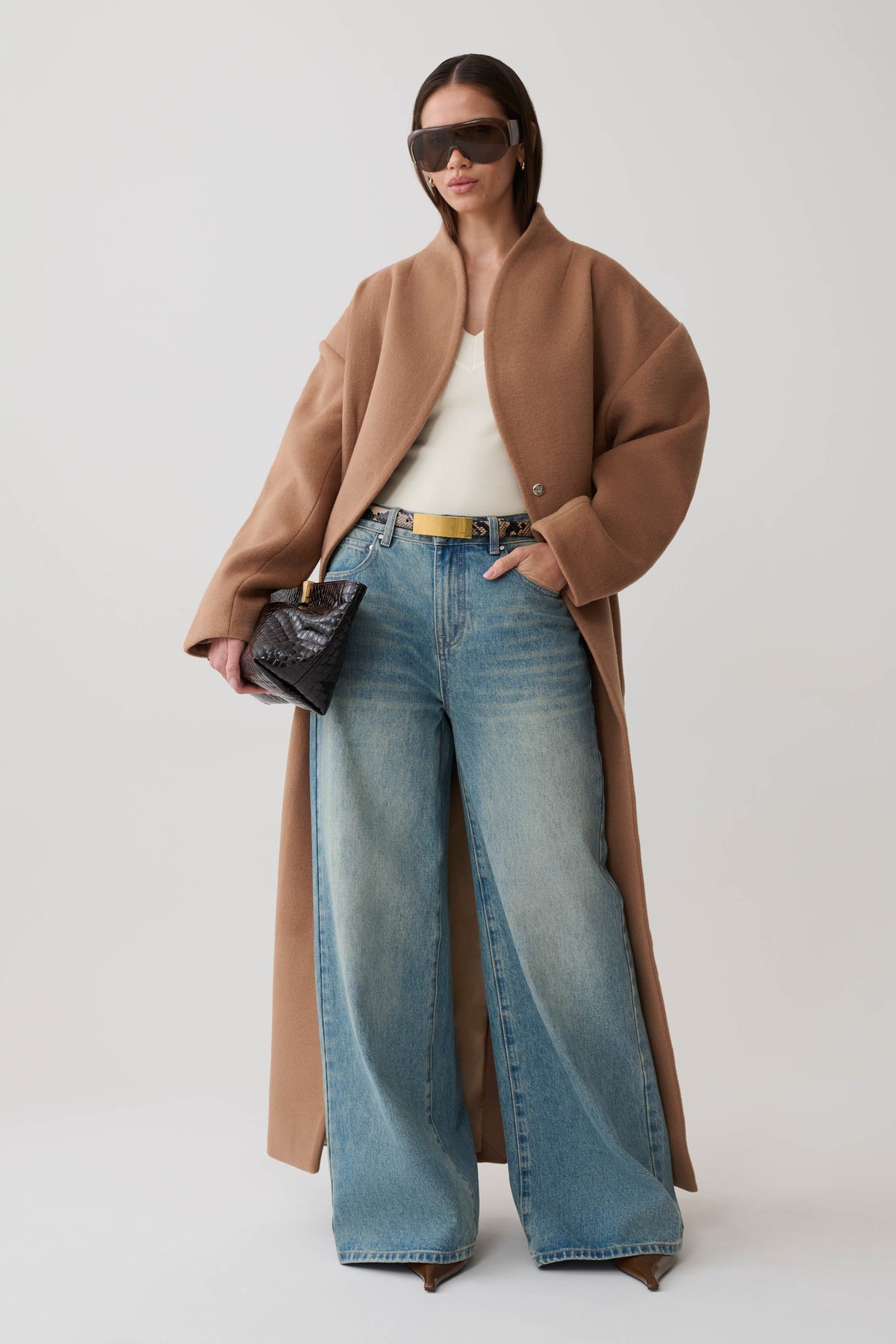 Andrea High Neck Wool Blend Coat - Camel #2