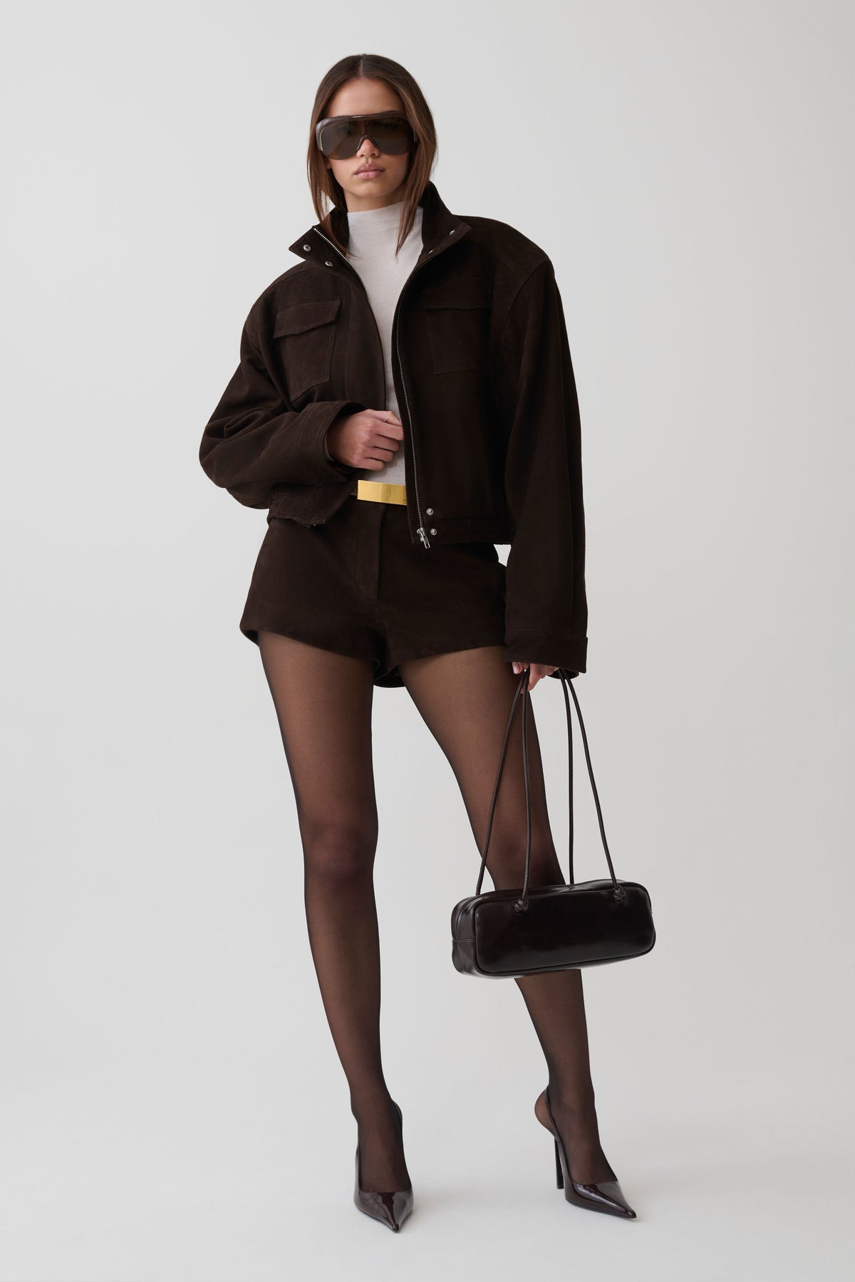 Nicky Funnel Neck Suede Bomber Jacket - Dark Chocolate #3