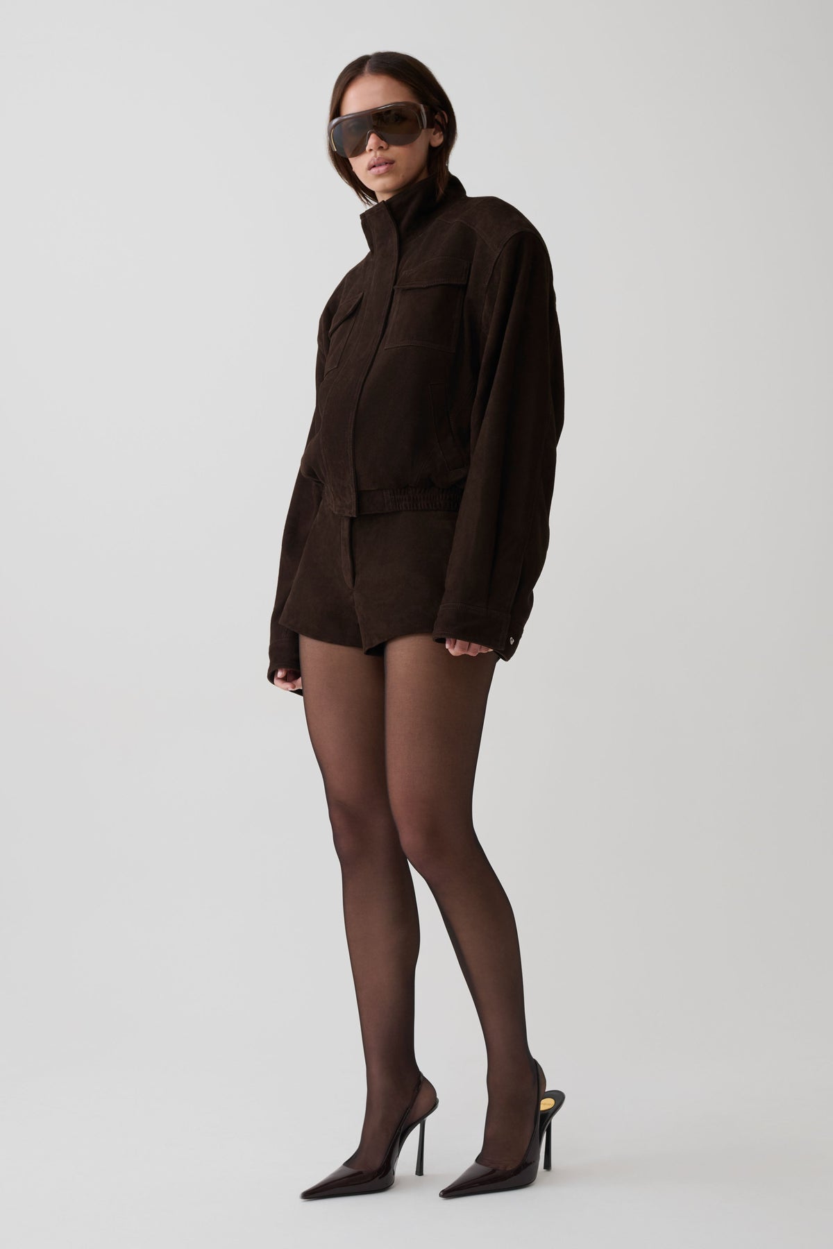 Nicky Funnel Neck Suede Bomber Jacket - Dark Chocolate