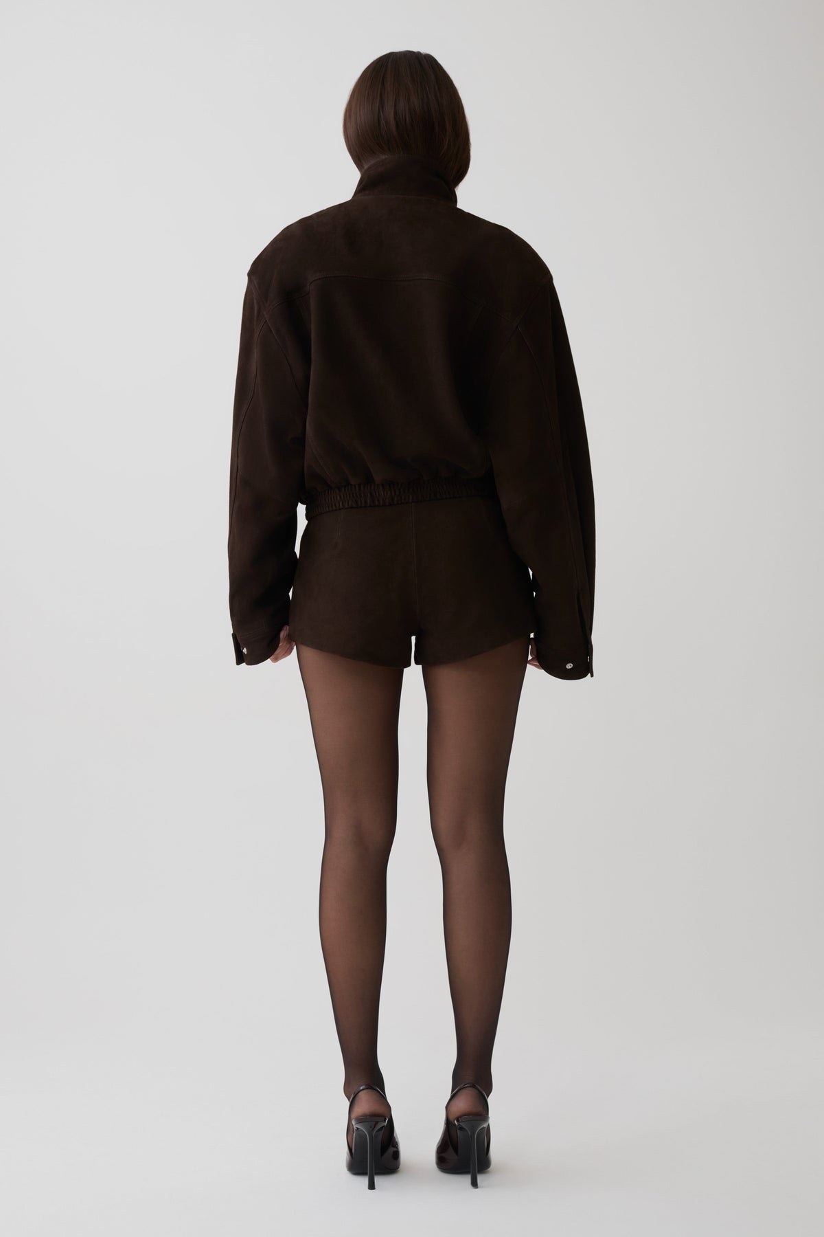 Nicky Funnel Neck Suede Bomber Jacket - Dark Chocolate