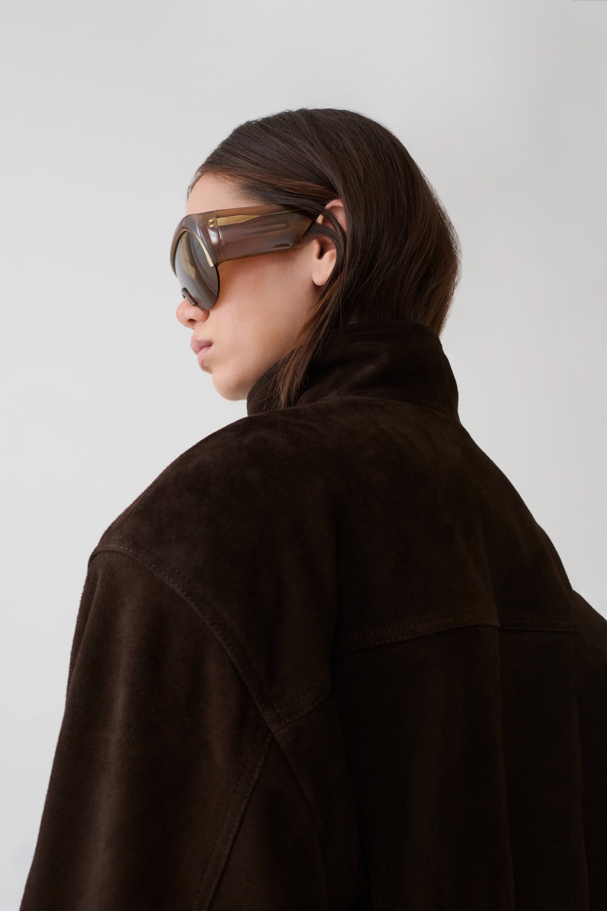Nicky Funnel Neck Suede Bomber Jacket - Dark Chocolate