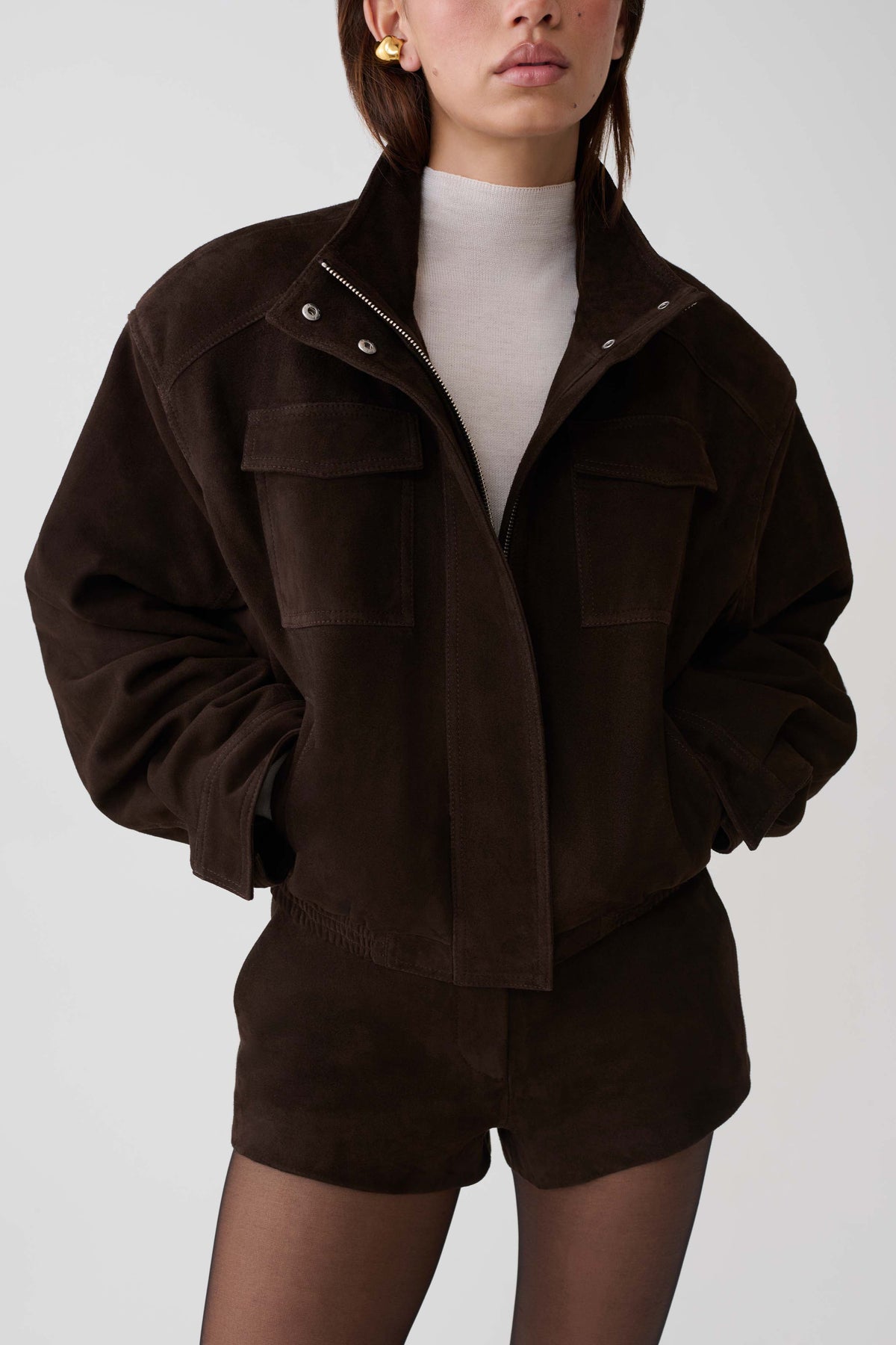 Nicky Funnel Neck Suede Bomber Jacket - Dark Chocolate