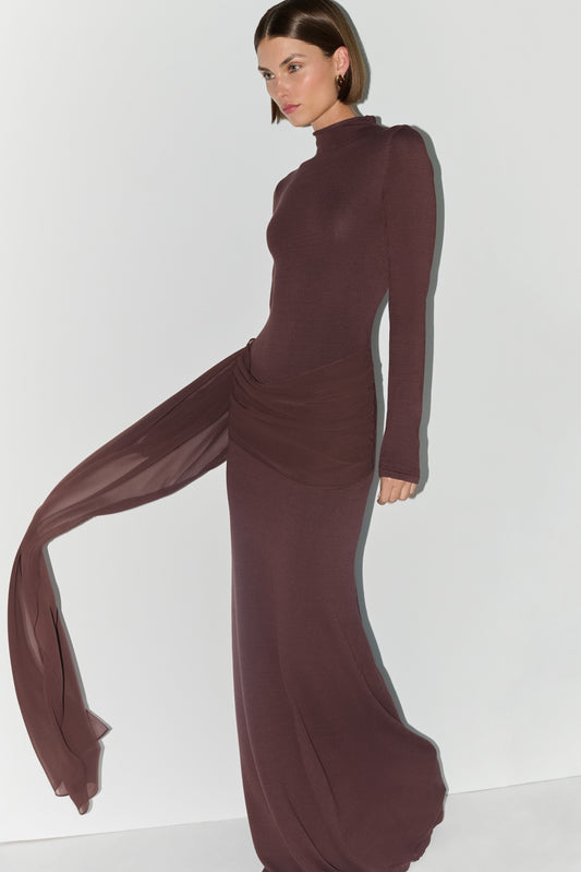 Grayson Knit Chiffon Maxi Dress - Chocolate