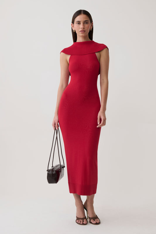 Ellen Ribbed Midi Column Knit Dress - Red