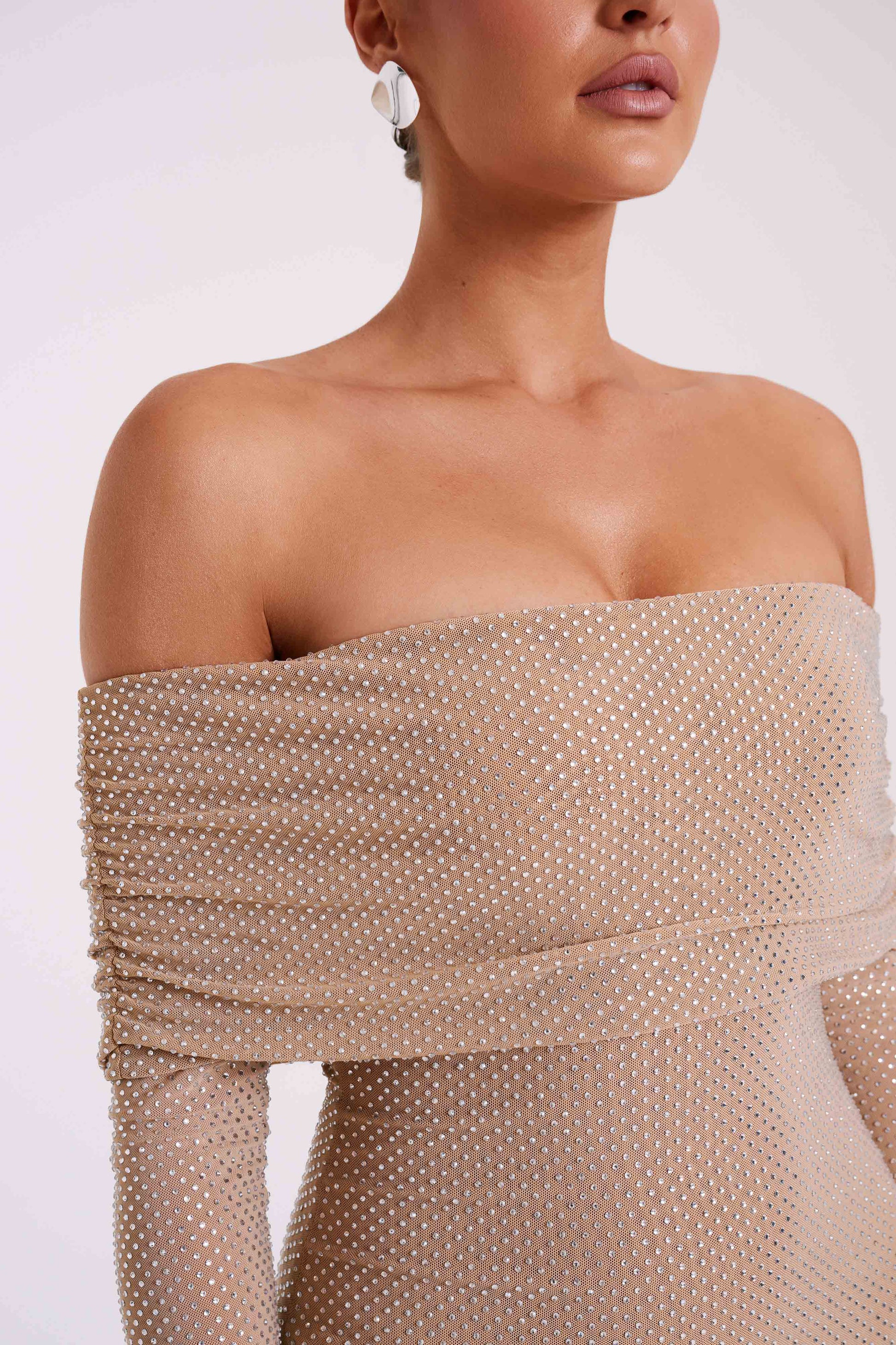 Marcel Off Shoulder Diamante Maxi Dress - Nude #10