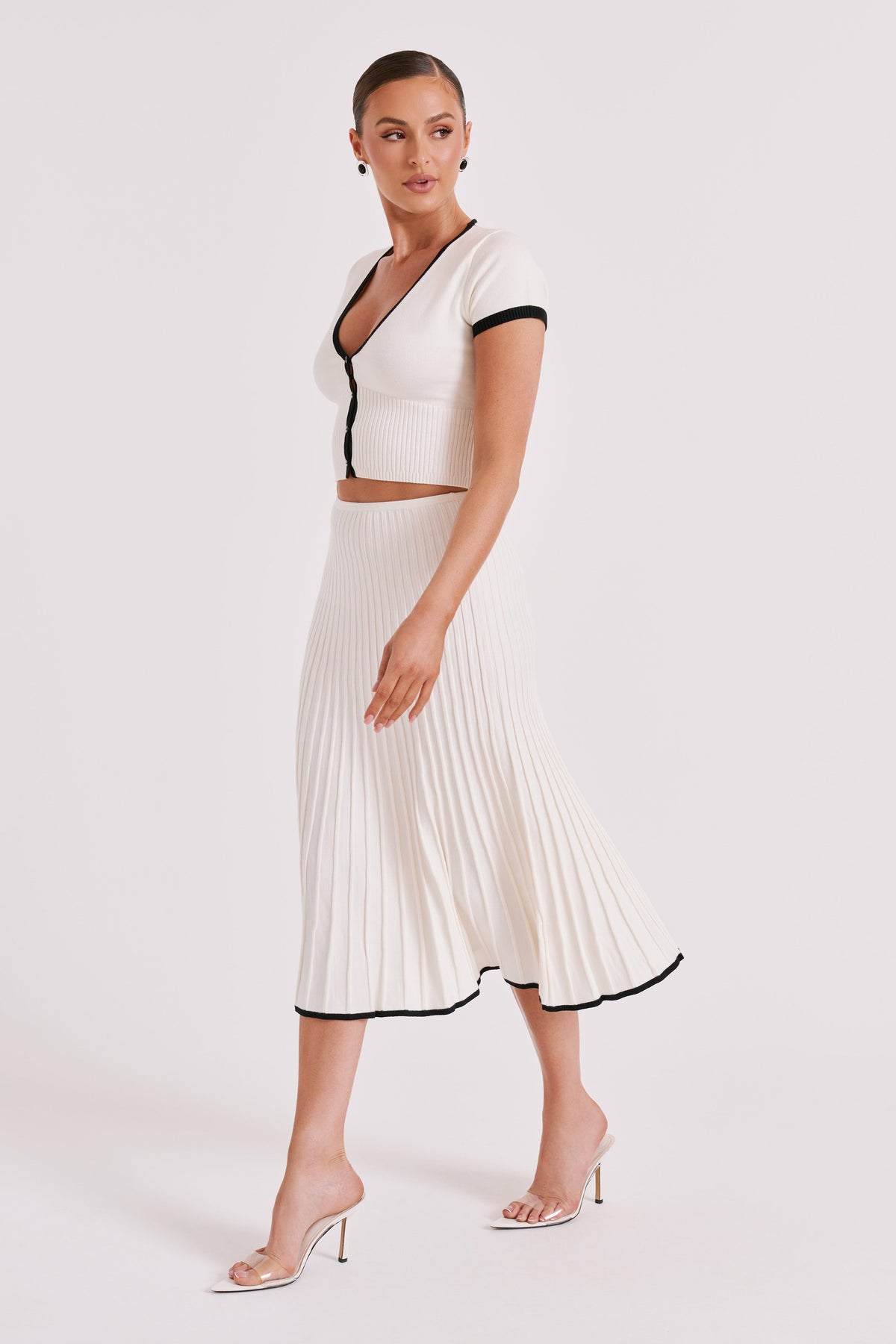 Jolene Contrast Rib Knit Midi Skirt - White #9