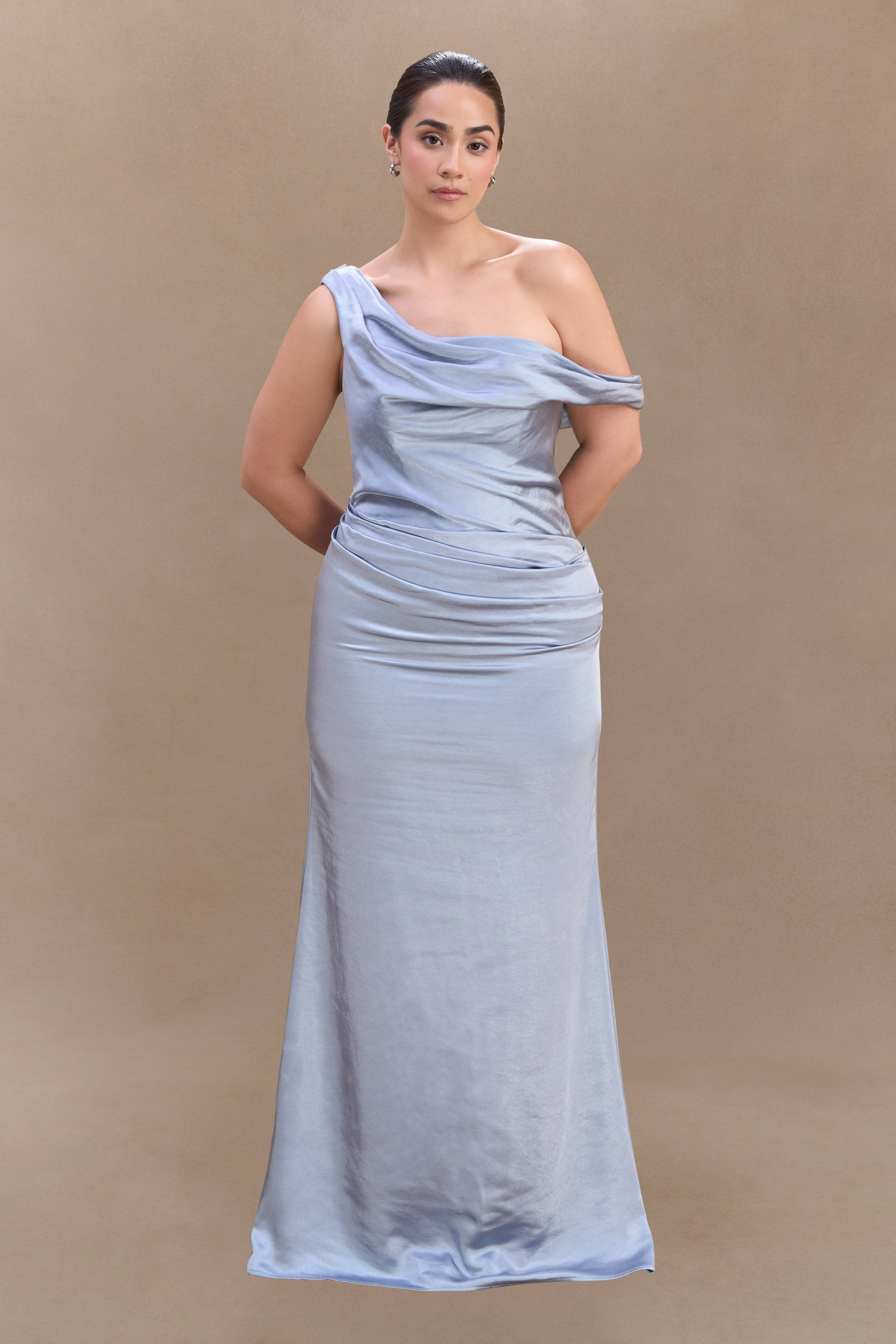 Dalia Off Shoulder Satin Maxi Dress - Frosted Blue #4