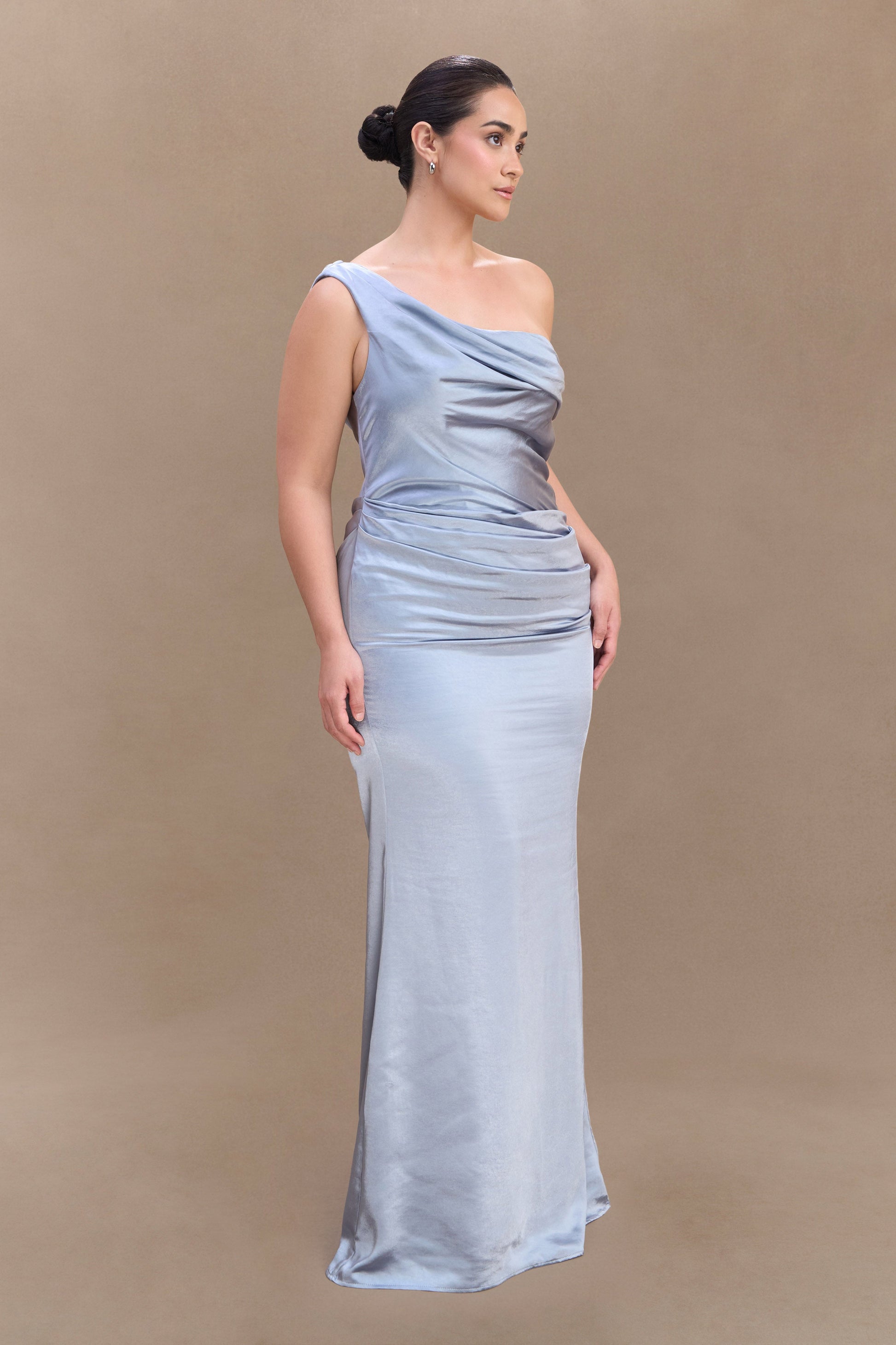 Dalia Off Shoulder Satin Maxi Dress - Frosted Blue #7