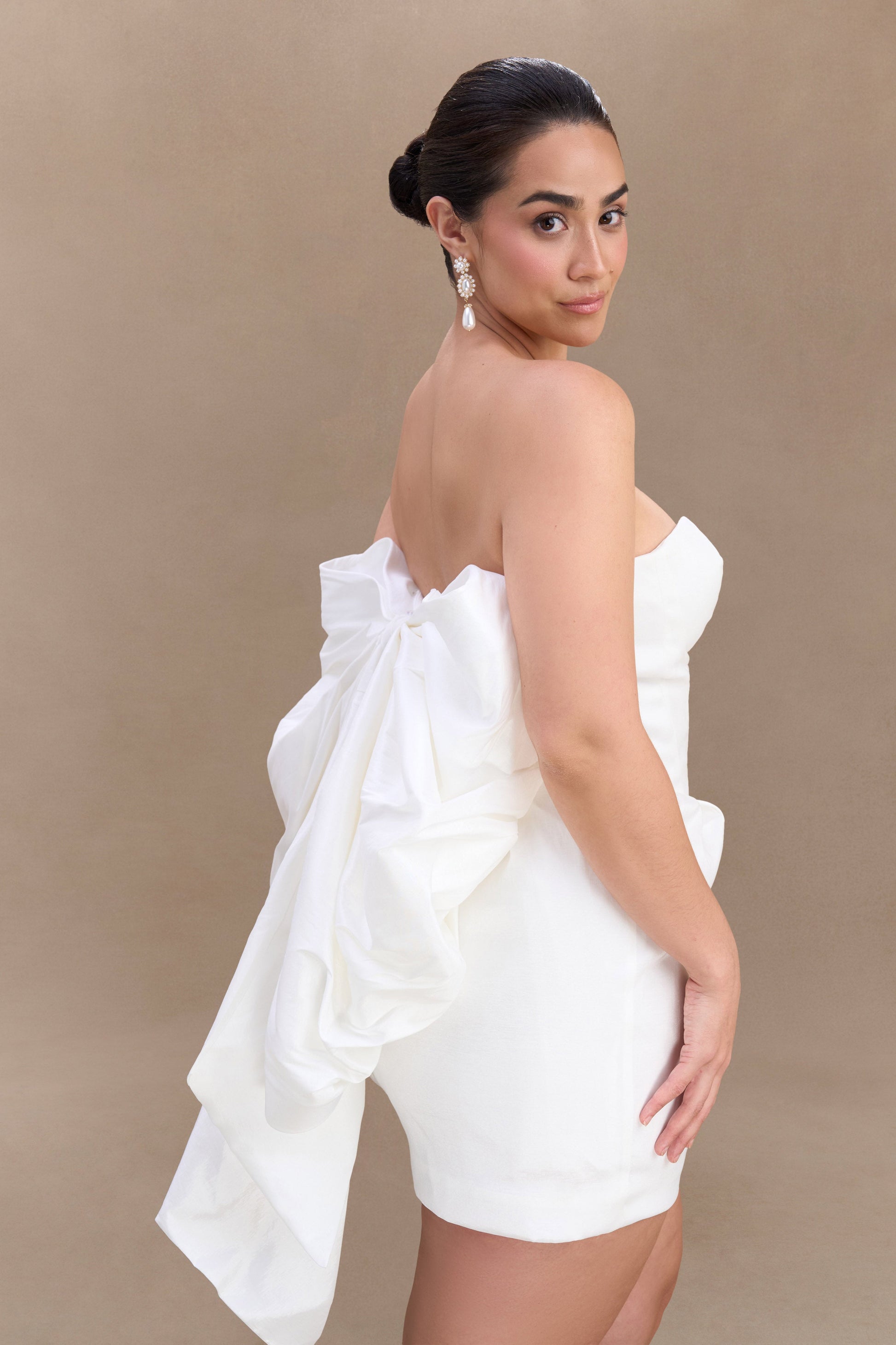 Suzette Taffeta Bow Mini Dress - White #6