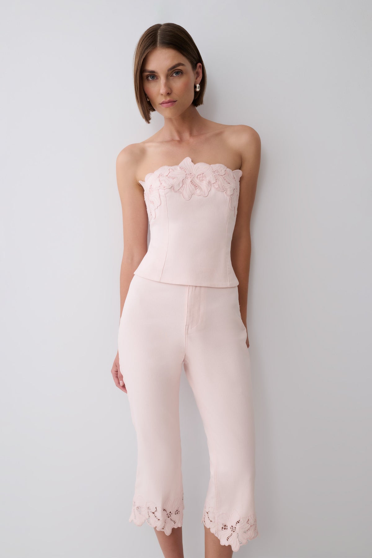 Tillie Flower Embroidery Denim Capris - Baby Pink #3